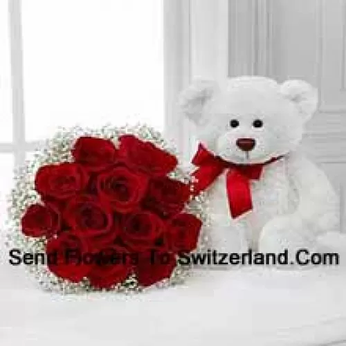 Bunch Of 11 Red Roses With Seasonal Fillers Along With A Cute 14 Inches Tall White Teddy Bear