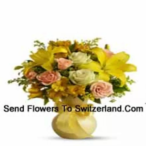 Orange Roses, White Roses, Yellow Gerberas And Yellow Lilies With Some Ferns In A Glass Vase