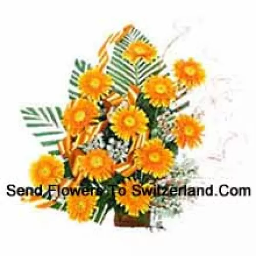 Basket Of 11 Yellow Colored Gerberas With Fillers