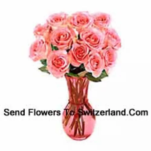 11 Pink Roses In A Glass Vase