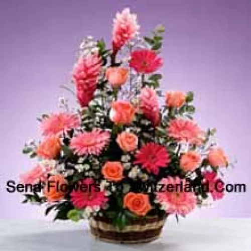 Basket Of Assorted Flowers Including Gerberas, Roses and Seasonal Fillers