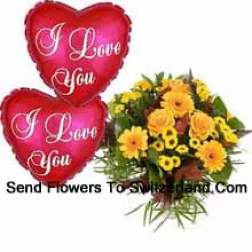 Bouquet de fleurs assorties avec deux ballons Je t'aime