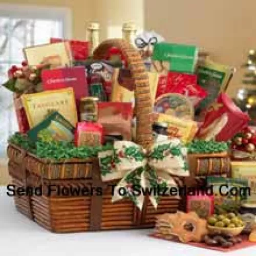 Send your best wishes with this impressive gift basket that's all decked out for the holidays. With the artful details of the handsomely crafted basket and the world of fancy flavors nestled inside, it festively captures the spirit of the season. The small includes a bountiful assortment with Tomato Basil Pretzels, Gingerbread Cake, Zesty Cheddar Thins, Spanish Olives, Pecan Pralines, Gouda Cheese Biscuits, Cinnamon Star Cookies, Belgian Chocolate Petites, California Smoked Almonds, Rothschild Triple Berry Preserves, Chocolate Chip Cookies, Ashby Assam Tea, Savory Snack Mix, Fruit Bonbons, Holiday Blend Coffee, and Godiva Milk Chocolate Strawberries. (Please Note That We Reserve The Right To Substitute Any Product With A Suitable Product Of Equal Value In Case Of Non-Availability Of A Certain Product)