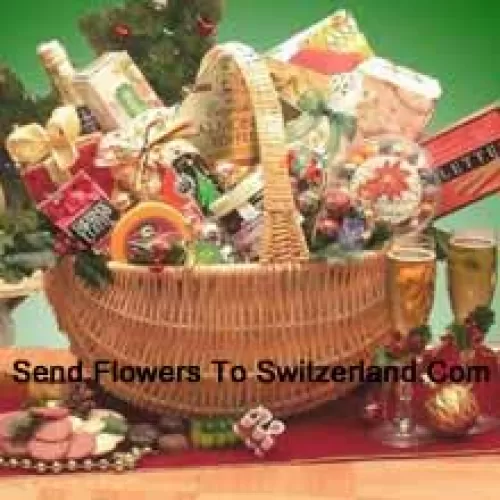 Our elegant wicker basket contains everything you'll need to celebrate this year with all your loved ones. The basket overflows with Starlite Mints in a Happy Holidays theme bag, 4 oz. Butter Toffee Pretzels, 3 oz. Peanut Butter Filled Delights, 3 oz. Caramel Filled Holiday Chocolates, Sara Sweets Box of Holiday Sugar Plums, 3.75 oz. Old Fashioned Chocolate Walnut Fudge, Old Fashioned Peanut Brittle, 2.25 oz. Peppermint Bark Bar, 4 oz. Old Fashioned Holiday Ribbon Candies, 5 oz. Beef Salami, Wisconsin Cheddar Cheese Round, Costa 8 oz. Wheat Crackers, Grained Mustard, Dolcetto's Cream-Filled Pastry Roll Cookies, 8 oz. Holiday Blackberry Jam, Sparkling Apple Cranberry Cider, Gourmet Holiday Coffee Blend and Holiday Traditions Assorted Holiday Cocoa. (Please Note That We Reserve The Right To Substitute Any Product With A Suitable Product Of Equal Value In Case Of Non-Availability Of A Certain Product)